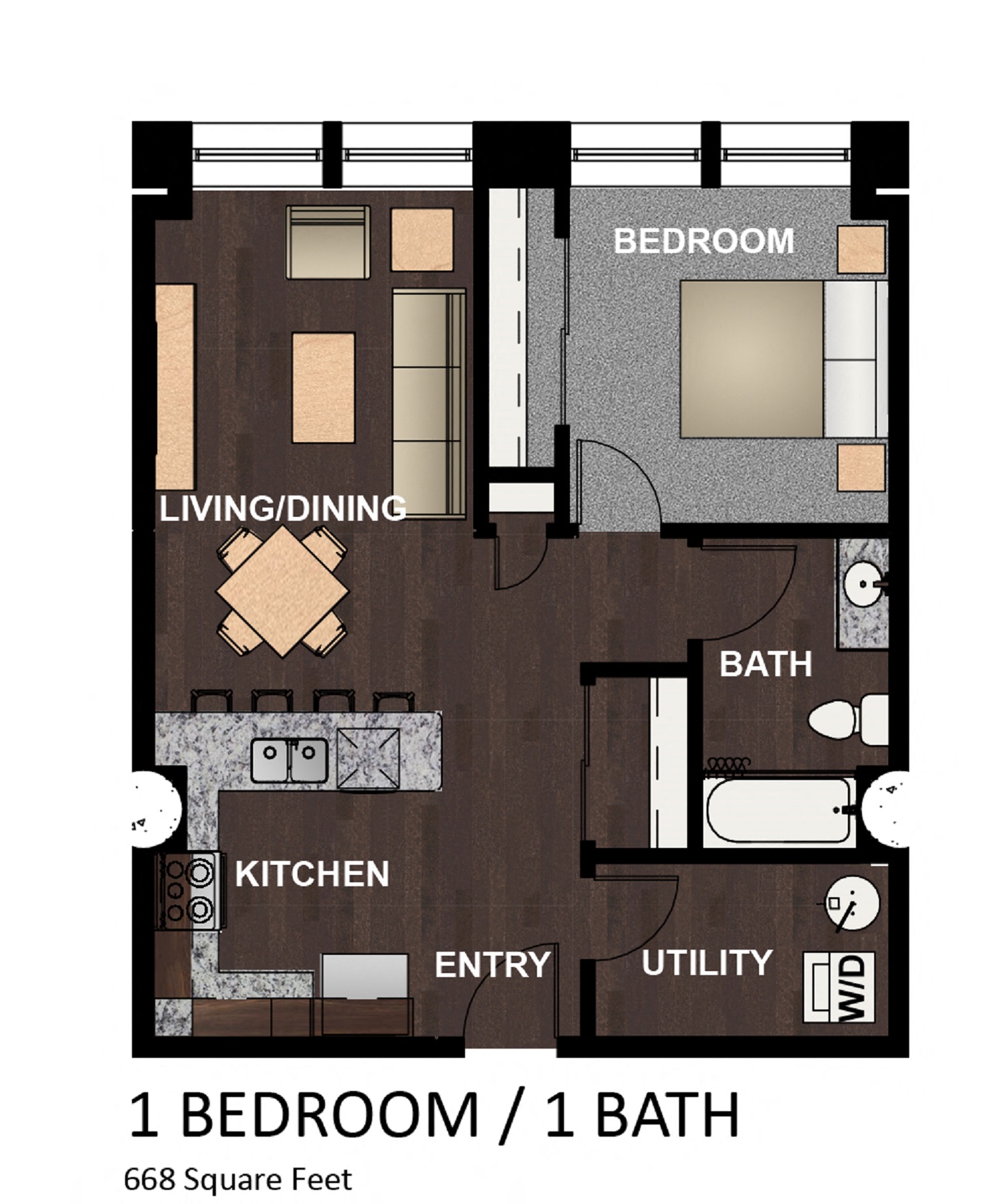 Floor plan for 1 bed, 1 bath, 668 sqft